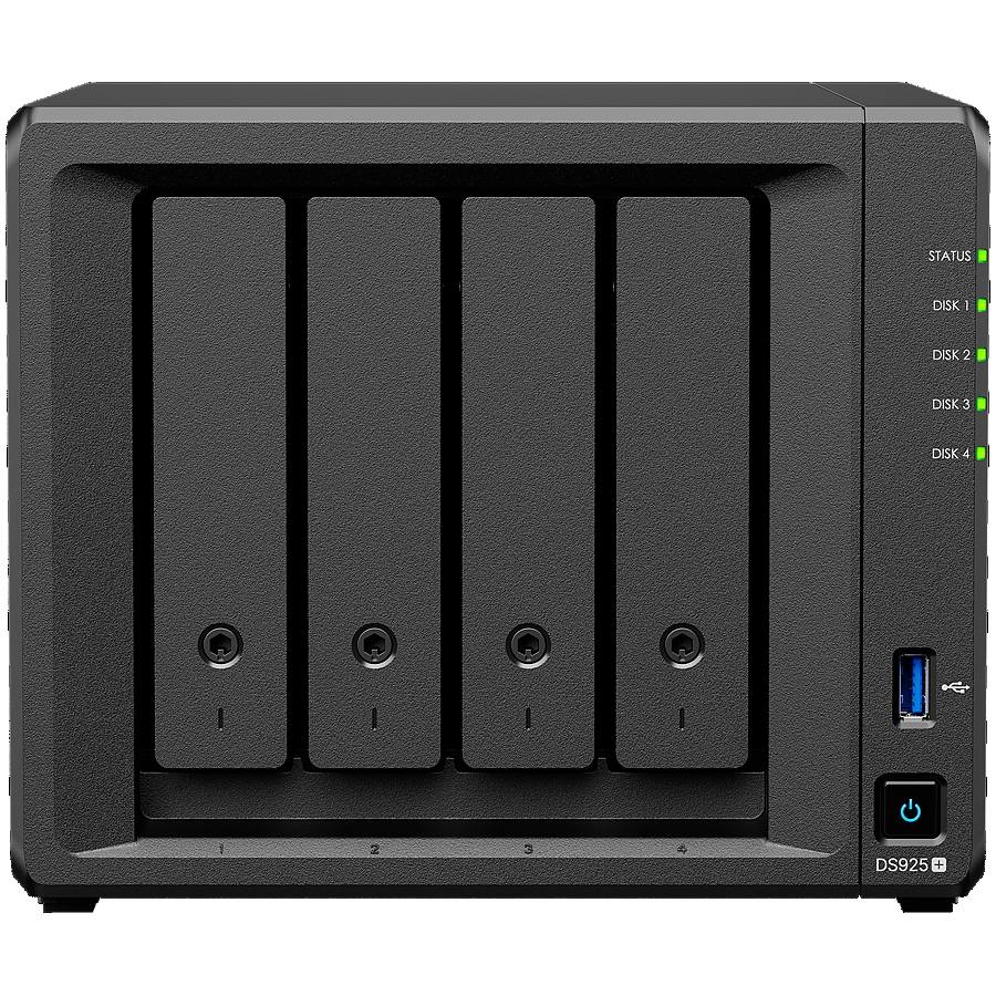 Synology DiskStation DS925+ Tower, 4-Bays 3.5'' SATA HDD/SSD, 2 x M.2 2280 NVMe SSD slot, CPU AMD Ryzen V1500B 4-core 2.2 GHz, 4 GB DDR4 ECC SODIMM, 2x RJ-45 2.5 GbE LAN Port; 2x USB 3.2; 1 xUSB Type-C expansion port; 2.26 kg; 3yr warranty