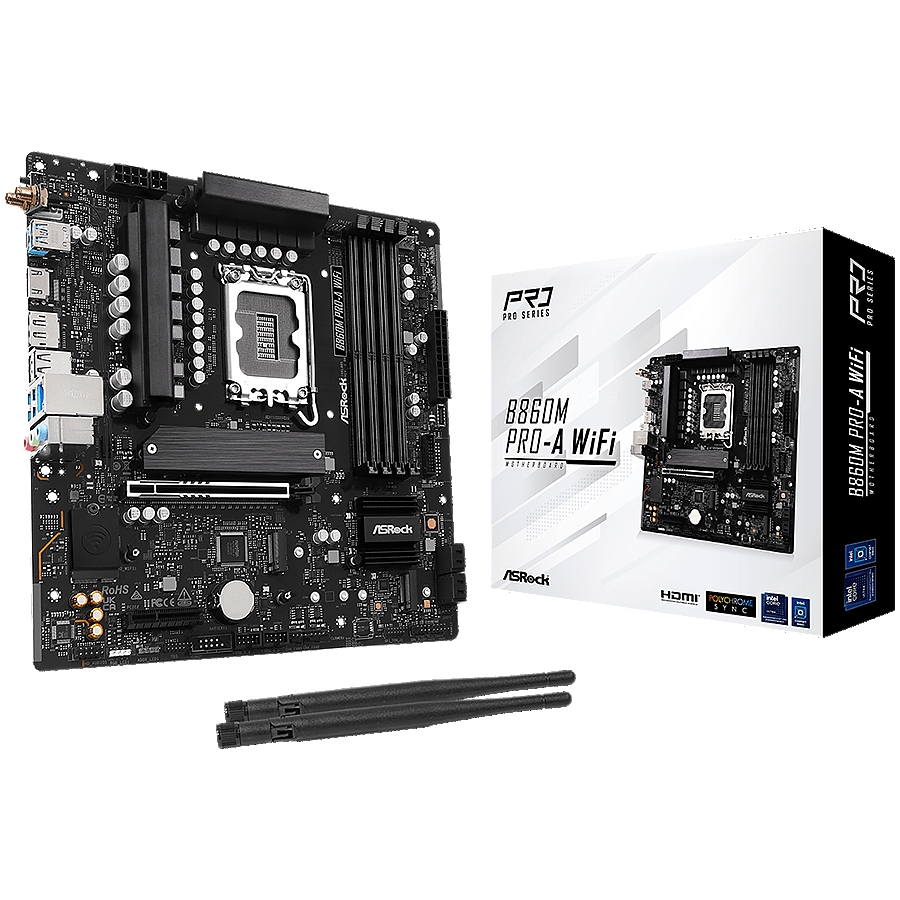 ASROCK MB Desktop B860M Pro-A Wi-Fi, S.1851, 4x DDR5, 1x PCIe 5.0 x16, 1x PCIe 4.0 x4, 1x Blazing M.2, 2x Hyper M.2, 4x SATA3, 2x USB-C, 5x USB 3.2, 6x USB 2.0, 1x RJ-45 2.5GB Lan, 802.11axe Wi-Fi 6E, BT 5.3 1x HDMI, 1x DP 1.4, mATX