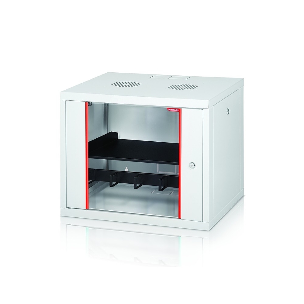 Formrack 19" Wall Mounted rack 9U 555/450mm, removable locking sides, height: 460mm, loading capacity: 100kg., tempered glass door, 19" front rails (back rails optionable)