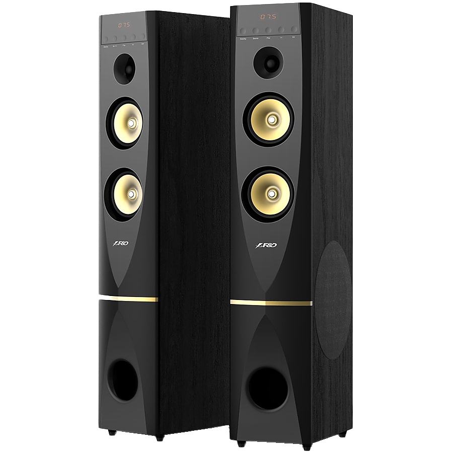 F&D T-88X 2.0 Floorstanding Speakers, 300W RMS (150x2), 1'' Tweeter + 5.25'' Speaker + 10'' Subwoofer for each channel, BT 4.2/HDMI/Optical/Coaxial/AUX/USB/FM/Karaoke function/LED Display/Remote Control/Microphone included/Wooden/Black