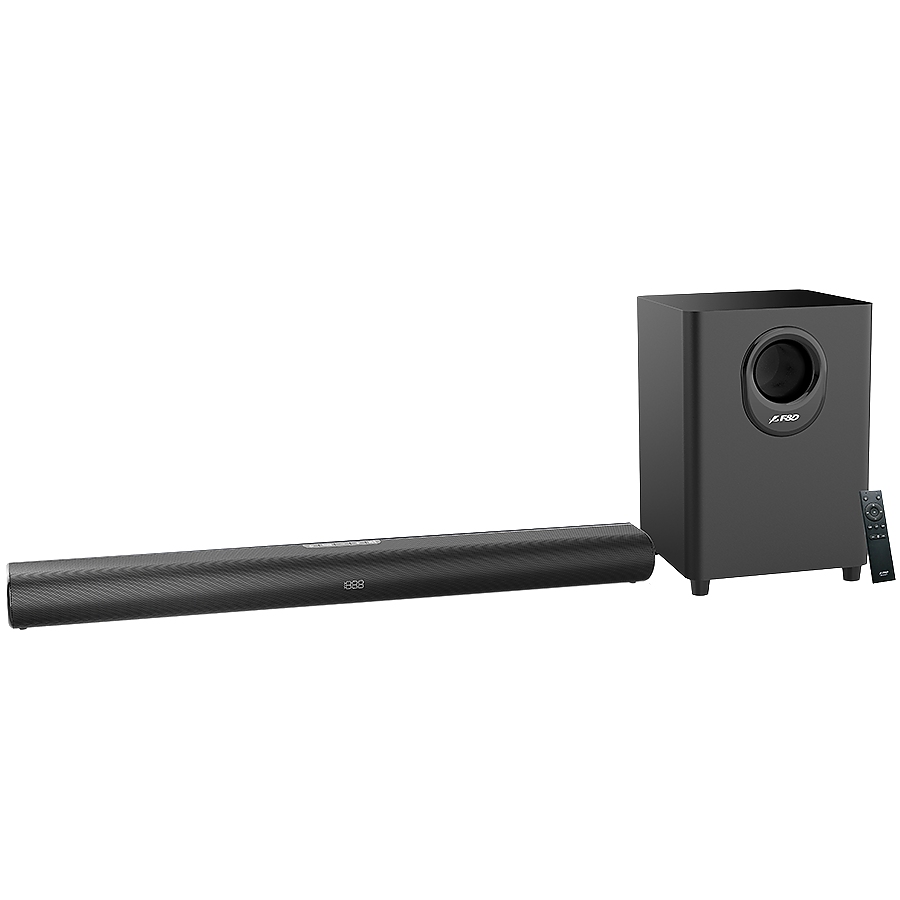 F&D HT-330 2.1 TV Soundbar with Wired Subwoofer, 80W RMS (20Wx2+40W), Full-range speaker: 50x90mm + 6.5'' Subwoofer, BT 5.0/Optical/AUX/HDMI/USB/LED Display/Remote Control/Wooden/Black