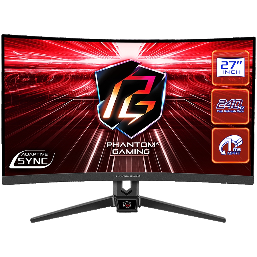 Asrock Curved Gaming Monitor, 27" FHD(1920x1080) 1500 VA, AG, 240 Hz, 113% sRGB, 16:9, 3000:1, 300 cd/m&sup2;, 178&ordm;/178&ordm;, 1ms (MPRT), Flicker-free, Swivel, Tiltt Adjustment, 2x 2W Speakers, 2x HDMI 2.0, 1x DP 1.2, 1x Audio Jack (3.5mm), 3Y