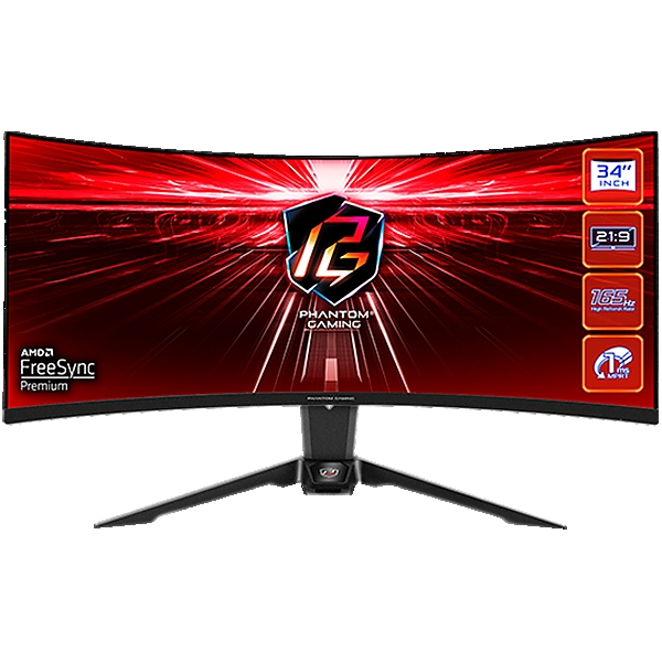 Asrock Curved Gaming Monitor, 34" WQHD(3440x1440) 1500R VA, 165 Hz, 115% sRGB, 3000:1, 550 cd/m&sup2;, 178&ordm;/178&ordm;, 1ms (MPRT), Flicker-free, 2x 2W Speakers, 2x HDMI 2.0, 1x DP 1.4, 1x Audio Jack (3.5mm), Wi-Fi Antenna (7 dBi), 3Y