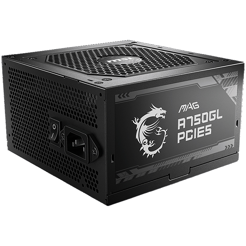 MSI MAG A750GL PCIE5, 750W, 80 Plus Gold, ATX Form Factor, 100~240 Vac Input Voltage, 47Hz ~ 63Hz Input Frequency, 120 mm Fan, 140 x 150 x 86mm, Active PFC, OCP, OVP, OPP, OTP, SCP, UVP, ATX, 2xEPS, 4XPCi-E, 8xSATA, 4xMOLEX, 1xFDD, 7Y