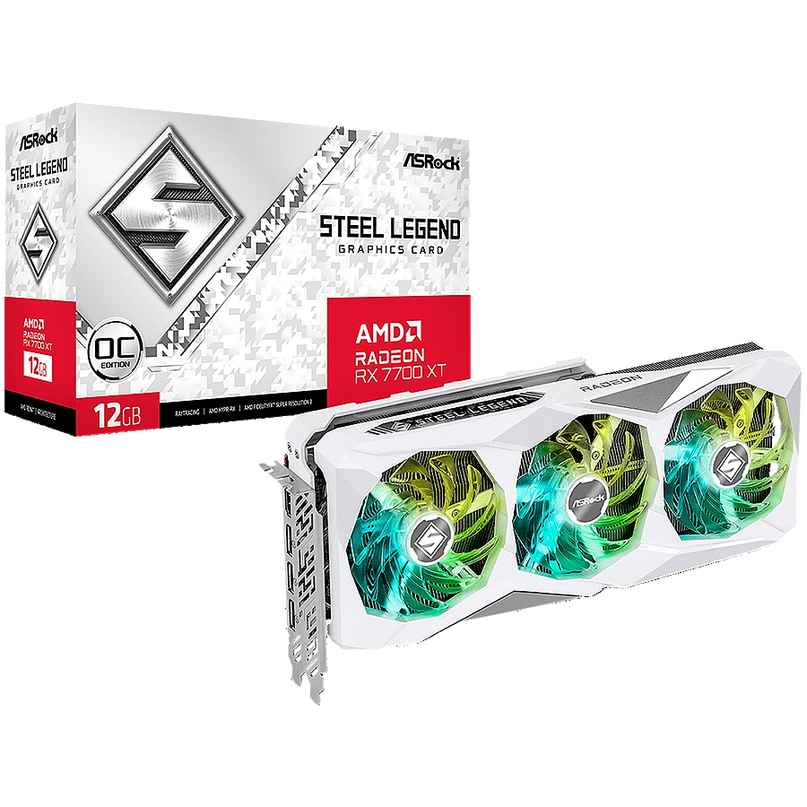 ASROCK Video Card AMD Radeon RX7700XT Steel Legend 12GB OC, GDDR6, 192-bit, 3x DisplayPort&trade; 2.1, 1x HDMI&trade; 2.1, 2x 8-pin Power Connectors, Recommended PSU 750W