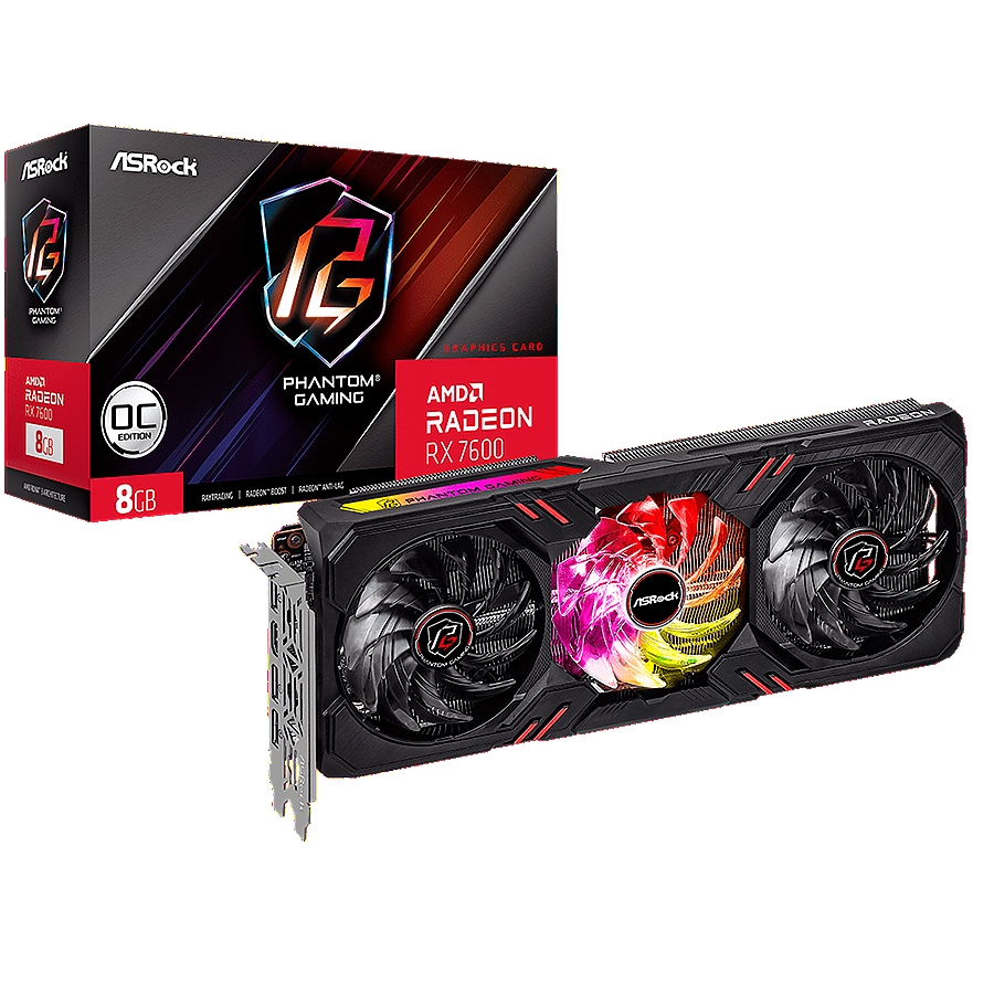 ASROCK Video Card AMD Radeon RX7600 Phantom Gaming 8GB OC, GDDR6, 128-bit, 3 x DisplayPort&trade; 2.1, 1 x HDMI&trade; 2.1, 3 x 8-pin Power Connectors, Recommended PSU 600W