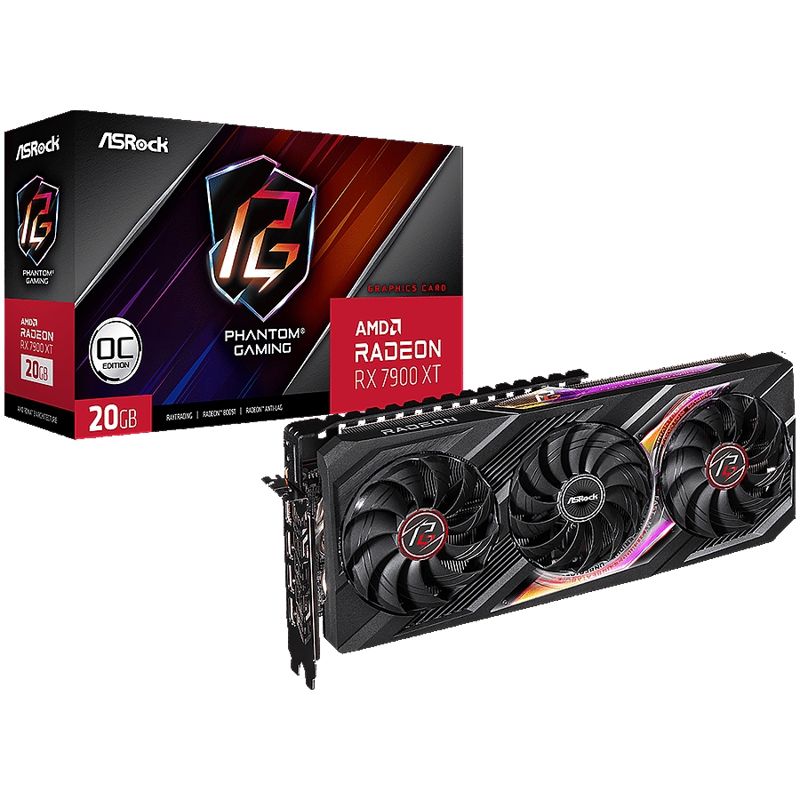 ASROCK Video Card AMD Radeon RX7900XT Phantom Gaming 20GB OC, GDDR6, 320-bit, 3x DisplayPort&trade; 2.1, 1x HDMI&trade; 2.1, 2x 8-pin Power Connectors, Recommended PSU 750W, 90-GA3XZZ- 00UANF