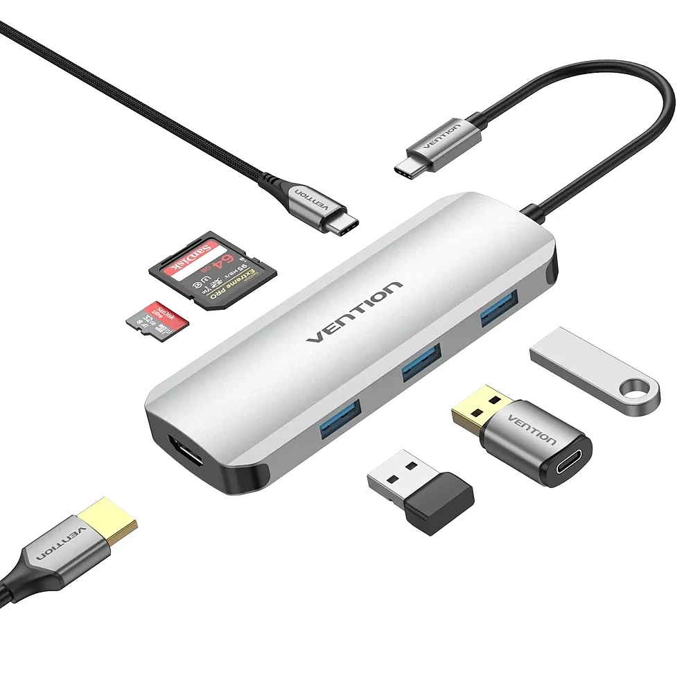 Vention докинг станция Docking Station Type-C - TOJHB - HDMI x 1, USB3.0 x 3, USB-C PD100W x 1, SD/TF