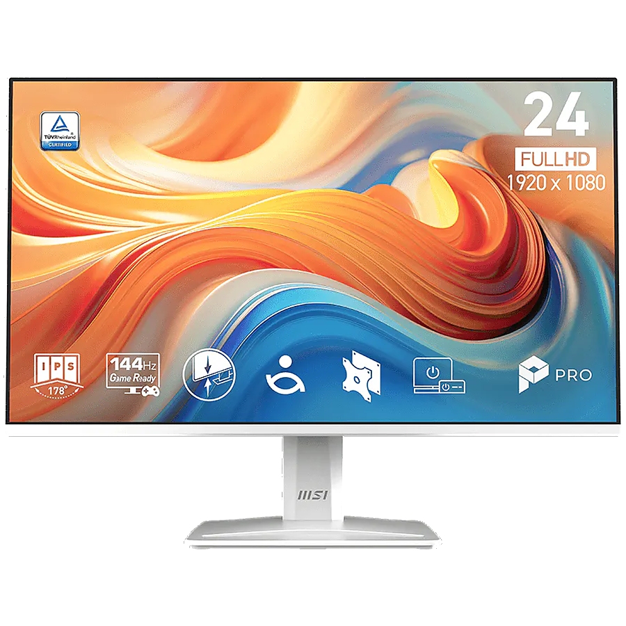 MSI PRO MP243W E14 Professional Business Monitor, 23.8" 144Hz, FHD (1920x1080) 16:9, IPS Anti-glare, 1ms, 300nits, 1500:1, 178/178, Adaptive-Sync, HDR Ready, Tilt, Speakers, 1x DP, 1x HDMI, 1x Headphone out, White, 3Y Warranty