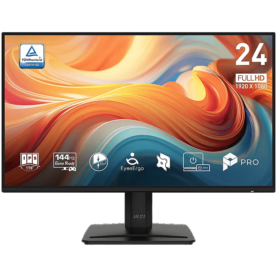 MSI PRO MP243 E14 Professional Business Monitor, 23.8" 144Hz, FHD (1920x1080) 16:9, IPS Anti-glare, 1ms, 300nits, 1500:1, 178/178, Adaptive-Sync, HDR Ready, Tilt, Speakers, 1x DP, 1x HDMI, 1x Headphone out, 3Y Warranty