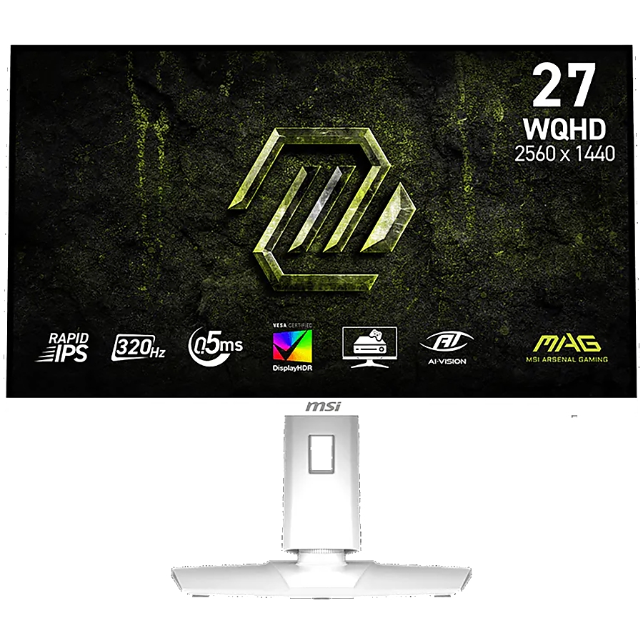 MSI MAG 274QRFW X32 Gaming Monitor, 27" 320Hz, WQHD (2560x1440) 16:9, Rapid IPS Anti-glare, 0.5ms, 300nits, 1000:1, 178/178, G-SYNC Compatible, AMD FreeSync Premium, DisplayHDR 400, Adj. Stand, 1x DP, 2x HDMI, 1x Headphone out, White, 3Y