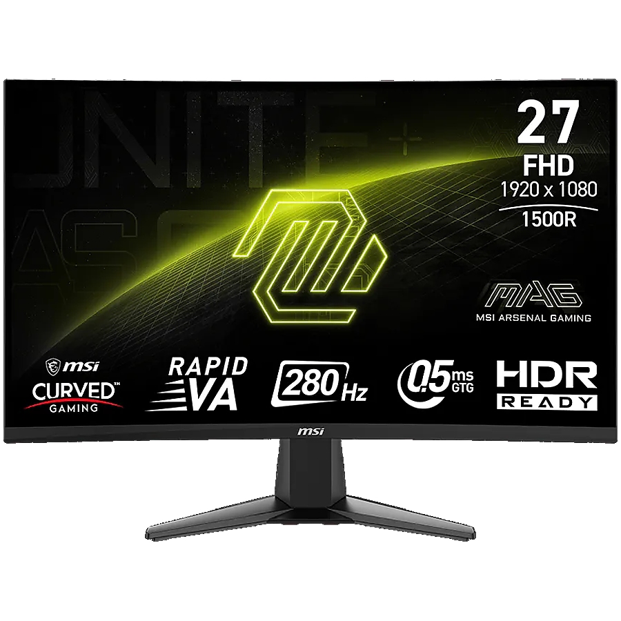 MSI MAG 276CXF Curved Gaming Monitor, 27" 280Hz, FHD (1920x1080) 16:9, Rapid VA Anti-glare, 1500R, 0.5ms, 300nits, 4000:1, 178/178, Adaptive-Sync, HDR Ready, Tilt, 1x DP, 2x HDMI, 1x Headphone out, 3Y Warranty