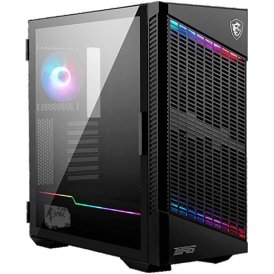 MSI MPG VELOX 100P AIRFLOW, Mid-Tower, ATX/Micro-ATX/Mini-ITX, 2x USB 3.2 Gen 1 Type-A, 1x USB 3.2 Gen 2x2 Type-C, 1x Audio/1x Mic, 4x 120mm Fans (1x ARGB), ARGB Hub, Mesh Front Panel, Vertical GPU Bracket (No Riser Cable Included), Tempered Glass