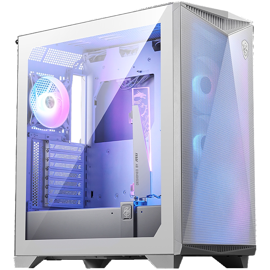 MSI MPG GUNGNIR 300R AIRFLOW WHITE, Mid-Tower, E-ATX/ATX/M-ATX/ITX, 2x USB 3.2 Gen 1 Type-A, 1x USB 3.2 Gen 2x2 Type-C, 1x Audio/1x Mic, LED Switch Button, ARGB Hub, 4x 120mm ARGB Fans, 1mm Perforated Front Panel, 3mm Tempered Glass