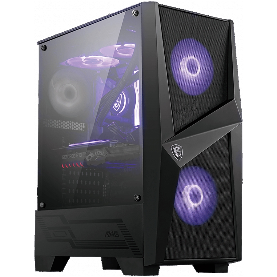 MSI MAG FORGE 100M, Mid-Tower, ATX/Micro-ATX/Mini-ITX, 2x USB 3.2 Gen 1 Type-A, 1x Audio/1x Mic, RGB Hub, RGB Button, 3x 120mm Fans (2x RGB), Mesh Front Panel, Tempered Glass