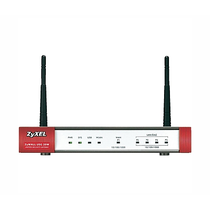 Защитна стена ZyXEL USG20W, VPN 5x IPSec/ 1x SSL, 5x 1GbE (4x LAN/DMZ, 2x WAN), 1x USB, WiFi