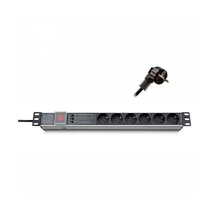 Formrack 19" 6 way power outlet strip (Schuko 230V) with circuit breaker and on/off switch Aluminium 1U