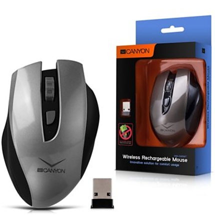 CANYON 2.4GHz Wireless Rechargeable Mouse with 4 buttons, innovative solution for comfort usage, requires no batteries, the ability to charge from the USB port and from the usual outlets, up to 14 days on a single charge, sensor resolution 800/1200/1600 D