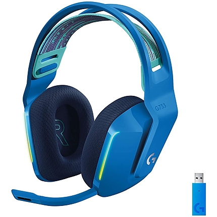 Logitech G733 Wireless Headset, Lightsync RGB, Lightspeed Wireless, PRO-G 40 mm Drivers, DTS Headphone:X 2.0 Surround, Blue Voice Microphone, 278 g, Blue