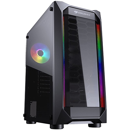 Chassis COUGAR MX410, Mid Tower, Mini ITX / Micro ATX / ATX, 210 x 455 x 380(mm), USB3.0 x 2,USB2.0 x 2,Mic x 1/Audio x 1, RGB Control Button,Front Panel: Acrylic with RGB strips, Pre-installed Fans: Rear 120mm x 1 RGB, Acrylic Transparent Left Panel