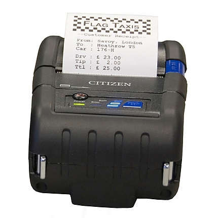 Citizen Mobile Receipts printer CMP-20II Direct thermal Print Speed 80mm/s, Print Width(max.)48mm/Media Width 58mm/Roll Size 48mm, Resol.203dpi/Print Sizes 2"/Interf.RS-232 /mini DIN/USB mini B/Wireless LAN/Battery Li-Ion/7.4 volt/1800mAh(24h) IP42/Black