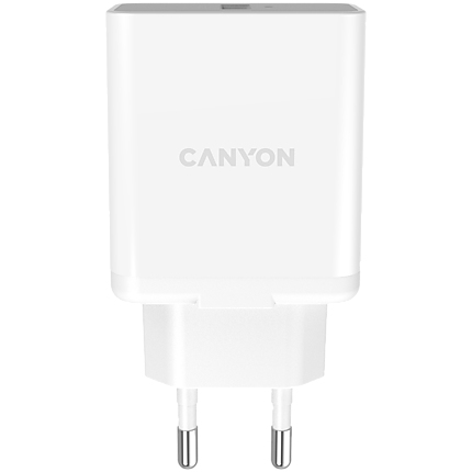 Canyon, Wall charger with 1*USB, QC3.0 24W, Input: 100V-240V, Output: DC 5V/3A,9V/2.67A,12V/2A, Eu plug, Over-load,  over-heated, over-current and short circuit protection, CE, RoHS ,ERP. Size:89*46*26.5 mm,58g, White
