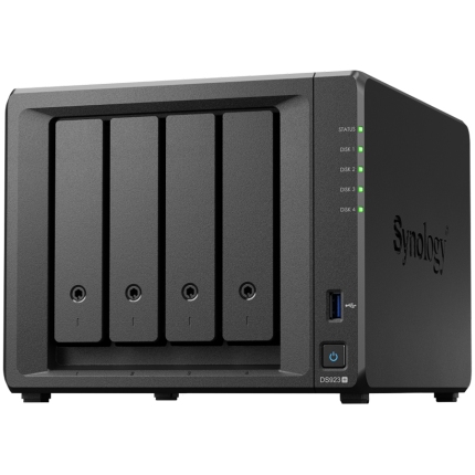 Synology DiskStation DS923+, Tower, 4-Bays 3.5'' SATA HDD/SSD, 2 x M.2 2280 NVMe SSD slot, CPU AMD R1600 2-core 2.6 (base) / 3.1 (turbo) GHz, 4 GB DDR4 ECC, 2x RJ-45 1GbE LAN Port; 2x USB 3.2; eSATA port; 2.24 kg; 3yr warranty
