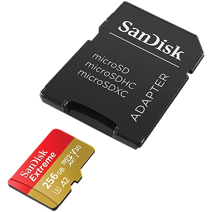 SANDISK Extreme 256GB microSDXC + SD Adapter + 1 year RescuePRO Deluxe up to 190MB/s & 130MB/s Read/Write speeds A2 C10 V30 UHS-I U3