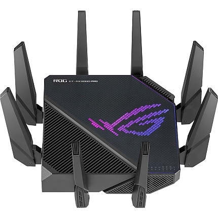 Asus Gaming Wireless Router,ROG Rapture GT-AX11000 Pro, AX11000, Tri-Band, Quad-Core 2.0GHz CPU, 256MB/1GB Flash/RAM, 10G port, AiProtection Pro, Adaptive QoS, VPN Fusion, IPTV, OFDMA, MU-MIMO, Beamforming, Link Aggregation, Port forwarding, AiMesh, Black
