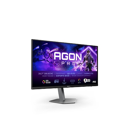 AOC AG276QZD2, 26.7" QD-OLED, 2560x1440@240Hz, 0.03GtG, 1000cd m/2, 1.5M:1, 80M:1 DCR, Adaptive Sync, FlickerFree, Low Blue Light, 5Wx2, Tilt, Height Adjust, Pivot, Swivel, 2xHDMI, 2xDP, USB hub