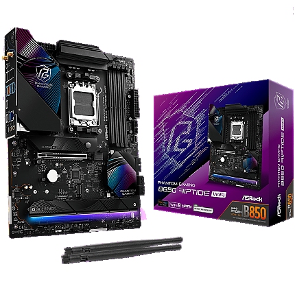 ASROCK MB Desktop B850 RIPTIDE Wi-Fi, AM5, 4x DDR5, 1x PCIe 5.0 x16, 1x Blazing M.2(PCIe Gen5x4), 3x Hyper M.2, 4x SATA3, RAID 0, 1, 10, 7.1 CH HD Audio, 1x HDMI, 9x USB 3.2, 8x USB 2.0, 3x USB-C, 2.5G LAN, 2x Wi-Fi 7, 1x HDMI, 1x SPDIF, ATX