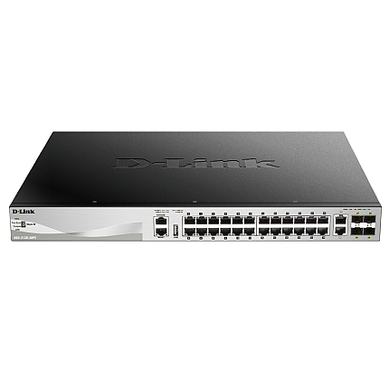 D-Link 24x10/100/1000Base-T PoE ports (370W budget) Layer 3 Stackable Managed Gigabit Switch with 2x10GBASE-T ports and 4xSFP+ ports
