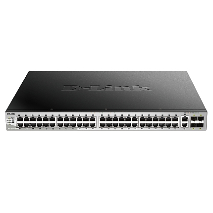 D-Link 48x10/100/1000BASE-T PoE ports (370W budget) Layer 3 Stackable Managed Gigabit Switch with 2x10GBASE-T ports and 4xSFP+ ports