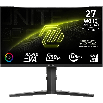MSI MAG 275CQRF QD E2 Gaming Monitor, 27" 180Hz, WQHD (2560x1440) 16:9, Rapid VA, Anti-glare, Quantum Dot, 0.5ms, 300nits, 5000:1, 178/178, 1500R Curve, AMD FreeSync, HDR Ready, Adjustable Stand, 1x DP, 2x HDMI, 1x Type-C, USB Hub, 3Y Warranty