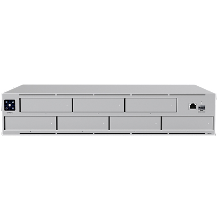 Ubiquiti UNAS-Pro-EU 2U rack-mount NAS with (7) 2.5/3.5" drive bays and 10 Gbps performance designed for large-scale file storage and sharing, (7) 2.5/3.5" HDD / SSD support, 10G SFP+ uplink and (1) GbE RJ45 port