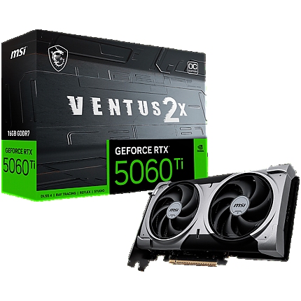 MSI Video Card NVIDIA GeForce RTX 5060 Ti 16G VENTUS 2X OC PLUS, 16GB GDDR7, 128-bit, 2602 MHz Boost, 4608 CUDA Cores, PCIe 5.0 (x8), 3x DP 2.1b, HDMI 2.1b, RAY TRACING, Dual Fan, 180W TDP, 8-pin PCIe Power, G-SYNC, 2-Slot, 3Y