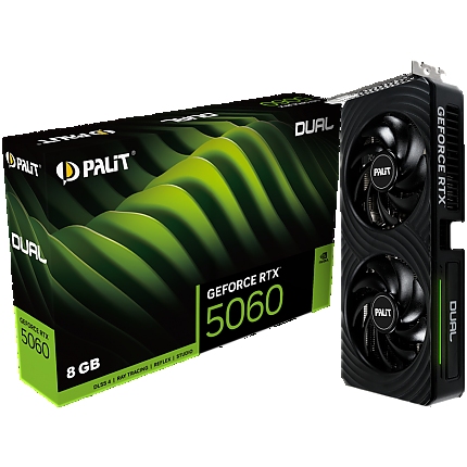 PALIT GeForce RTX 5060 Dual 8GB GDDR7 128 bit, 1x HDMI 2.1b, 3x DP 2.1b, 2 Fan, 1x 8-pin pwr connector, 550W, 262.1 x 126.3 x 40.1 mm, NE75060019P1-GB2063D
