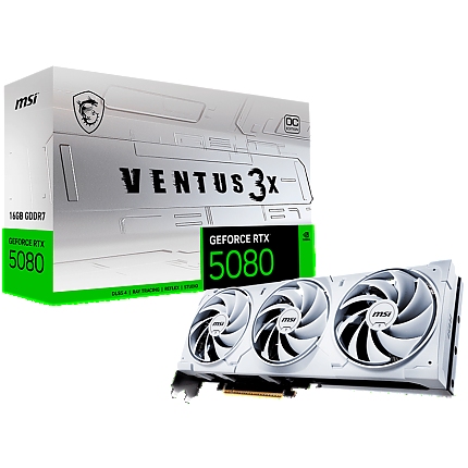 MSI Video Card Nvidia GeForce RTX 5080 16G VENTUS 3X OC WHITE, 16GB GDDR7, 256bit, Effective Memory Clock: 30000MHz, Boost: 2640 MHz, 10752 CUDA Cores, PCIe 5.0, 3x DP 2.1b, HDMI 2.1b, RAY TRACING, Triple Fan, 1x16pin, 850W Recommended PSU, 3Y