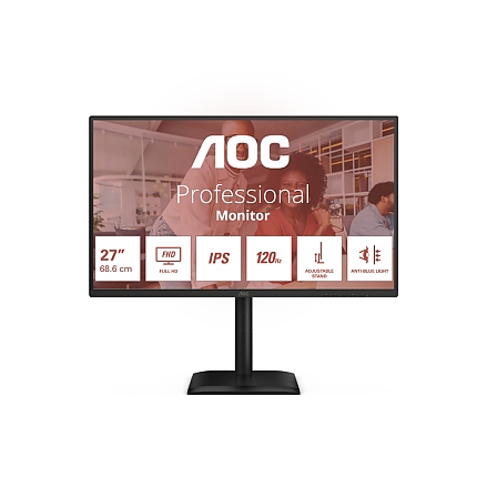 AOC 27E4U, 27" IPS WLED, 1920x1080@120Hz, 4ms GtG, 300cd m/2, 1500:1, 20M:1 DCR, Adaptive Sync, FlickerFree, Anti Blue Light, 2Wx2, Tilt, Height Adjust, Pivot, Swivel, D-SUB, HDMI, USB Hub