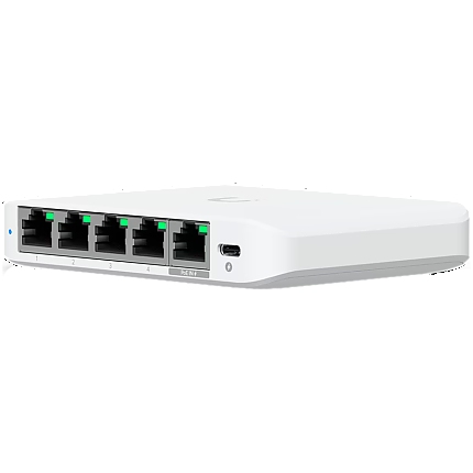 Ubiquiti 5-port 2.5G switch that can be powered with PoE or a USB-C adapter; 4x 2.5 GbE ports, 2.5 GbE PoE input port for power