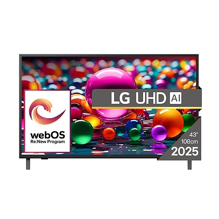 LG 43UA75003LA, 43" 4K UltraHD TV 4K (3840x2160), DVB-T2/C/S2, webOS 25 Smart, ThinQ AI, Alpha 7 AI Processor, WiFi, HDR10 pro, HLG, ALLM/HGiG, 4K Upscaling, AI Sound pro, Multiple View, HDMI eARC, LAN, USB, Bluetooth, Google Cast, 2 Pole Stand, Black