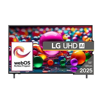 LG 55UA75003LA, 55" 4K UltraHD TV 4K (3840x2160), DVB-T2/C/S2, webOS 25 Smart, ThinQ AI, Alpha 7 AI Processor, WiFi, HDR10 pro, HLG, ALLM/HGiG, 4K Upscaling, AI Sound pro, Multiple View, HDMI eARC, LAN, USB, Bluetooth, Google Cast, 2 Pole Stand, Black