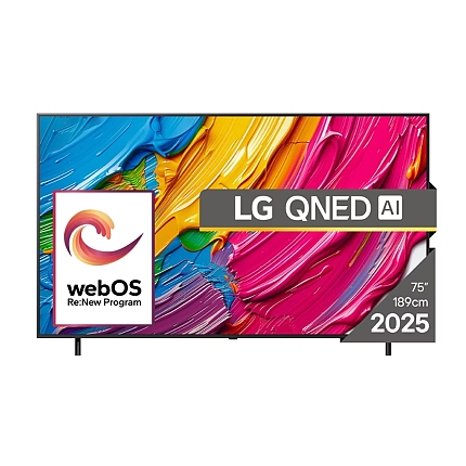 LG 75QNED80A3A, 75" 4K QNED HDR Smart TV, 3840x2160, DVB-T2/C/S2, Alpha 7 AI Processor, HDR10 / HLG, webOS 25 ThinQ, VRR / ALLM / HGiG, 4K Upscaling, WiFi 5, Voice Controll, Bluetooth 5.1, AirPlay 2, LAN, CI, HDMI, SPDIF, Google Cast, 2 pole Stand