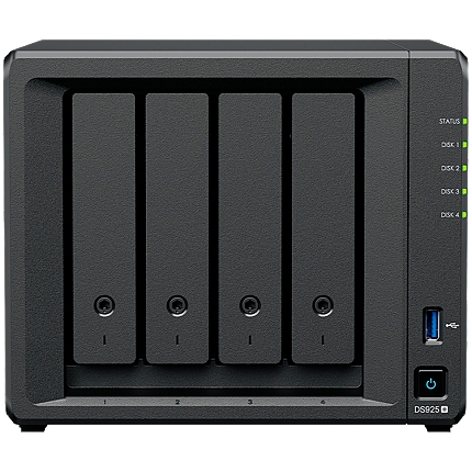 Synology DiskStation DS925+ Tower, 4-Bays 3.5'' SATA HDD/SSD, 2 x M.2 2280 NVMe SSD slot, CPU AMD Ryzen V1500B 4-core 2.2 GHz, 4 GB DDR4 ECC SODIMM, 2x RJ-45 2.5 GbE LAN Port; 2x USB 3.2; 1 xUSB Type-C expansion port; 2.26 kg; 3yr warranty