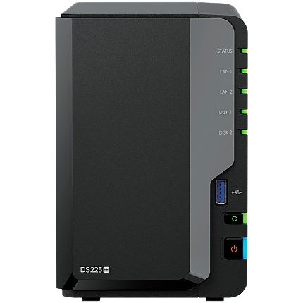 Synology DS225+, Tower, 2-bays 3.5'' SATA HDD/SSD, CPU Inte Celeron J4125 4-core (4-thread) 2.0 GHz, burst up to 2.7 GHz, 2 GB DDR4 non-ECC (expandable up to 6 GB), 1xRJ-45 1GbE LAN, 1xRJ-45 2.5 GbE LAN, 2xUSB 3.2 Gen 1, 1.3 kg, 3yr warranty