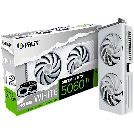 Palit GeForce RTX 5060 Ti WHITE OC 16GB GDDR7, 128 bit, 1x HDMI 2.1b, 3x DP 2.1b, 2 Fan, 1x 8-pin pwr connector, 600W, 262.1 x 126.3 x 40.1 mm, NE7506TU19T1-GB2061M