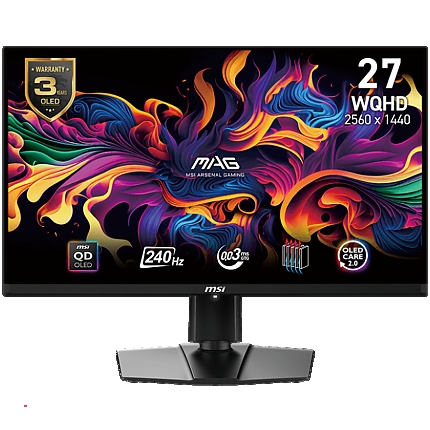 MSI MAG 271QPX QD-OLED E2 Gaming Monitor, 27" 240Hz, UHD (2560x1440) 16:9, QD-OLED, 0.03ms, 250nits, 1500000:1, 178/178, AMD FreeSync Premium, Adjustable Stand, 1x DP, 2x HDMI, 1x Type-C, 1x Headphone out, 3Y Warranty