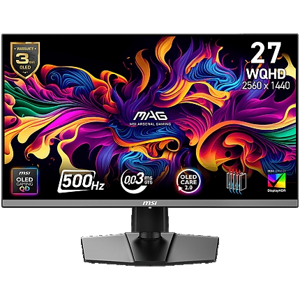 MSI MAG 272QP QD-OLED X50 Gaming Monitor, 26.5" 500Hz, WQHD (2560x1440) 16:9, QD-OLED, 0.03ms, 300nits, 1500000:1, 178/178, AMD FreeSync Premium Pro, Adjustable Stand, 1x DP, 2x HDMI, 1x Type-C, 1x Headphone out, 3Y Warranty