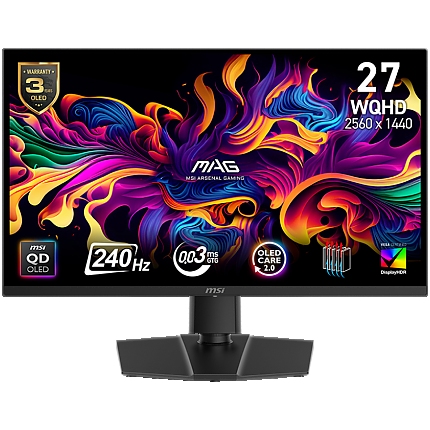 MSI MAG 271QP QD-OLED X24 Gaming Monitor, 26.5" 240Hz, WQHD (2560x1440) 16:9, QD-OLED, 0.03ms, 250nits, 1500000:1, 178/178, Adaptive Sync, Adjustable Stand, 1x DP, 2x HDMI, 1x Type-C, 1x Headphone out, 3Y Warranty