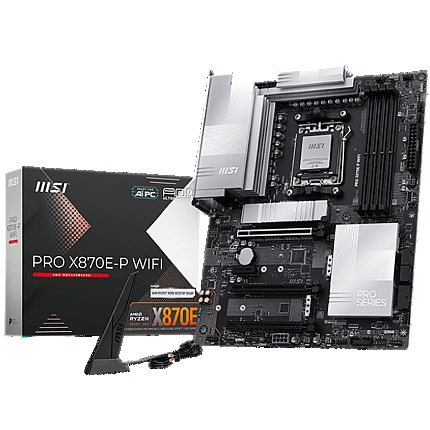 MSI PRO X870E-P WIFI, ATX, Socket AM5, 4x DDR5 Dual Channel DDR5 up to 8200(OC)MHz, 3x PCIe x16 slot, 3x M.2 slot, 4x USB 2.0, 2x USB 5Gbps, 2x USB 10Gbps, 1x 20Gbps Type-C, 1x 40Gbps Type-C, HDMI, 7.1 HD Audio, 5G LAN, WiFI 7, BT, 3Y